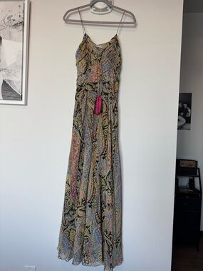 Etro Multicolor Paisley Spaghetti-Strap Maxi Dress with Pink Tassel